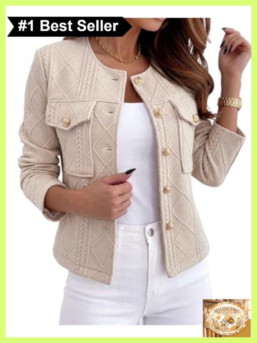 Cropped Argyle Cable Knit Jacket Gold-Tone Button Lightweight